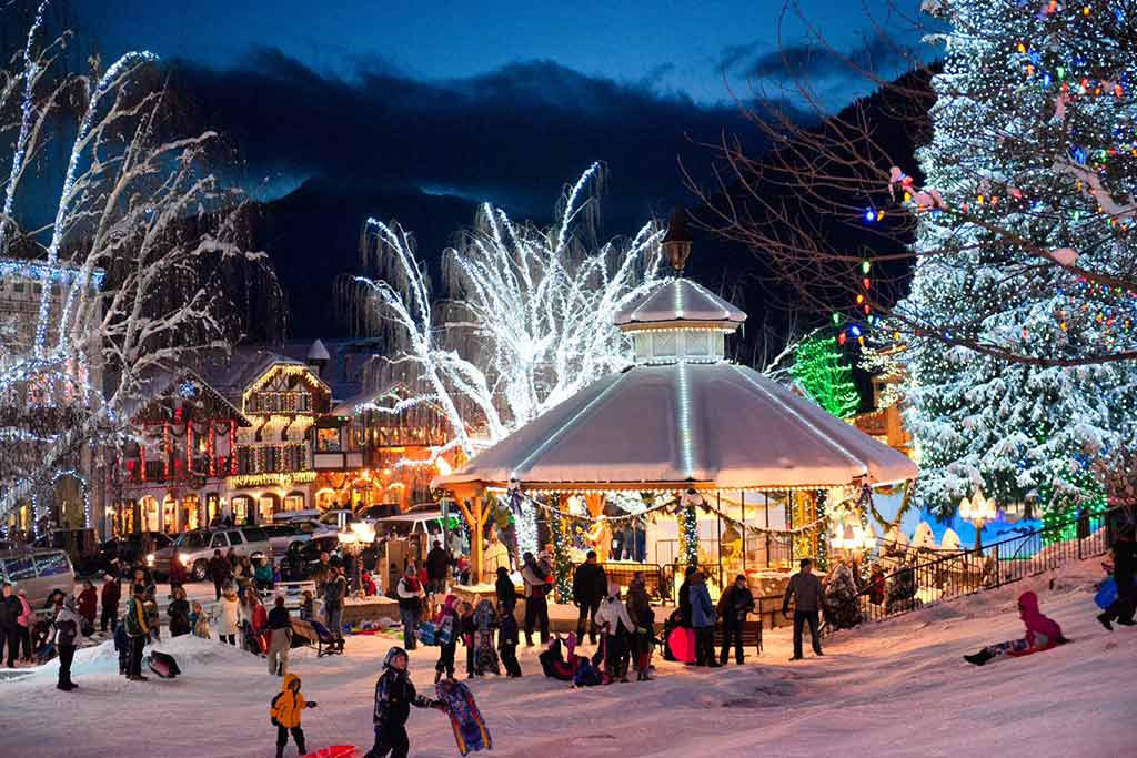 Blanketed in snow and lights, Leavenworth is a veritable winter wonderland. Photo: Leavenworth Chamber of Commerce